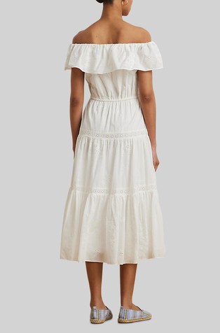 RALPH LAUREN Bombažna obleka z odkritimi rameni in naborki Bela - White 2