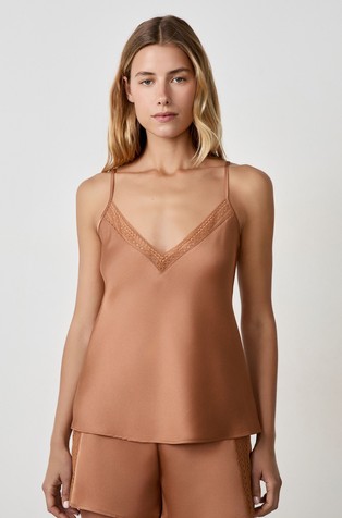 Feeling satin pyjama top with lace neckline