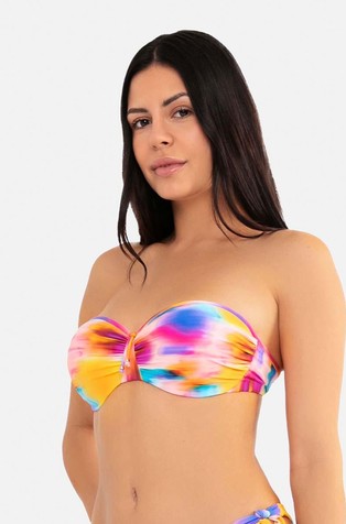 Underwired bandeau bikini top with tie-dye print