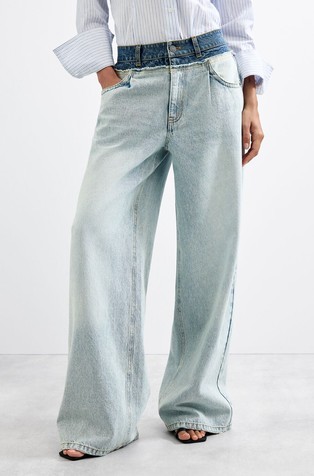 Široke jeans hlače s kontrastnim pasom
