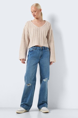NOISY MAY NMNINA V-neck cropped knit pullover Eggnog 3