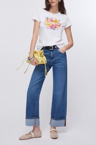 Bombažna majica s potiskom in okrasnimi kamenčki