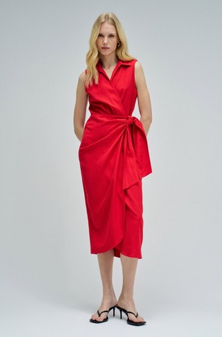 Midi srajčna obleka na preklop z detajlom vozla