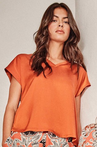 GISELA Satenast zgornji del pižame s kratkimi rokavi Oranžna - Orange 6