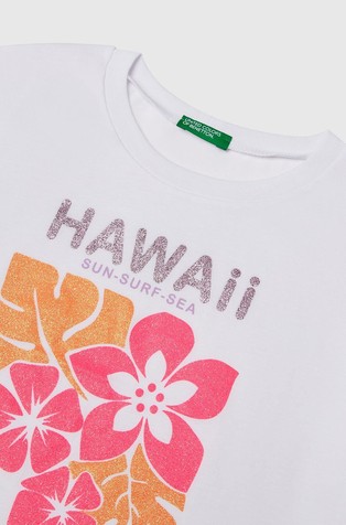 BENETTON Bombažna majica z bleščečim potiskom Bela - White 3