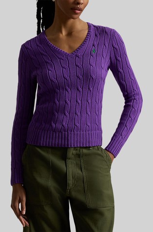 Strukturirano pleten bombažen pulover z V-izrezom