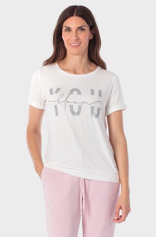 Stretch viscose T-shirt with print and rhinestones