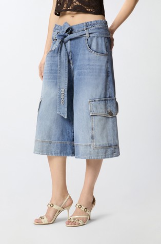 Zvončaste denim bermuda cargo hlače s pasom