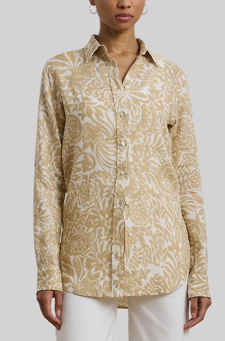 RALPH LAUREN Relaxed Fit Floral Linen Shirt Cream/Tan 