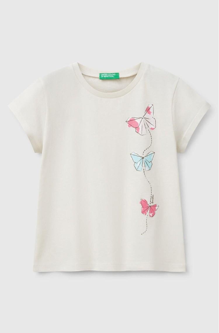 BENETTON Majica s potiskom in bleščicami Bež - Beige 