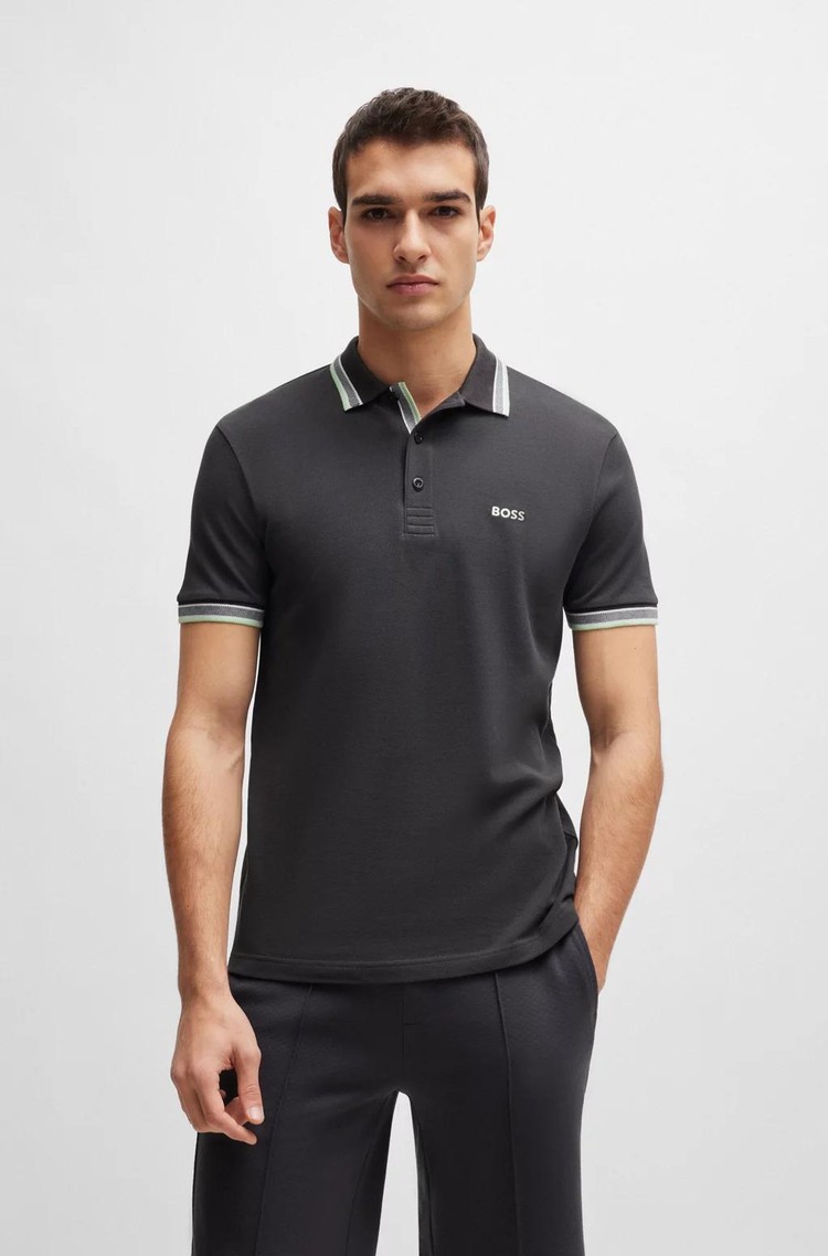 HUGO BOSS Bombažna polo majica s kontrastnimi detajli Siva - Dark Gray 