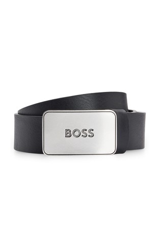 Leather belt with antique-effect branded plaque buckle