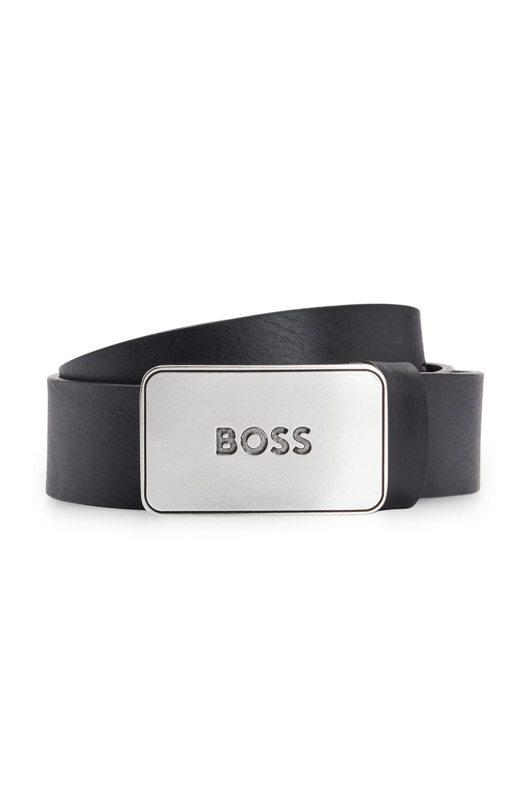 HUGO BOSS Leather belt with antique-effect branded plaque buckle Black 