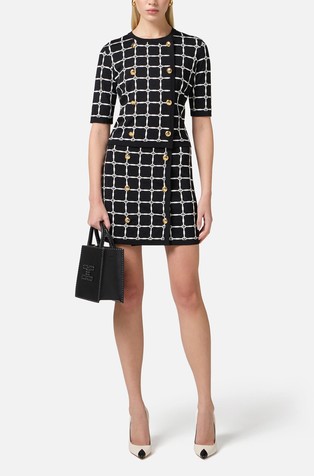 ELISABETTA FRANCHI Pletena jopa z žakarskim logo vzorcem Črna - Black / Butter 3