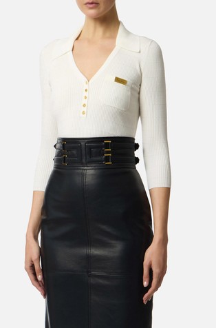 Slim fit rebrasta pletena polo majica s 3/4 rokavi