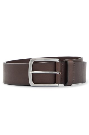 Leather belt with engraved-logo buckle
