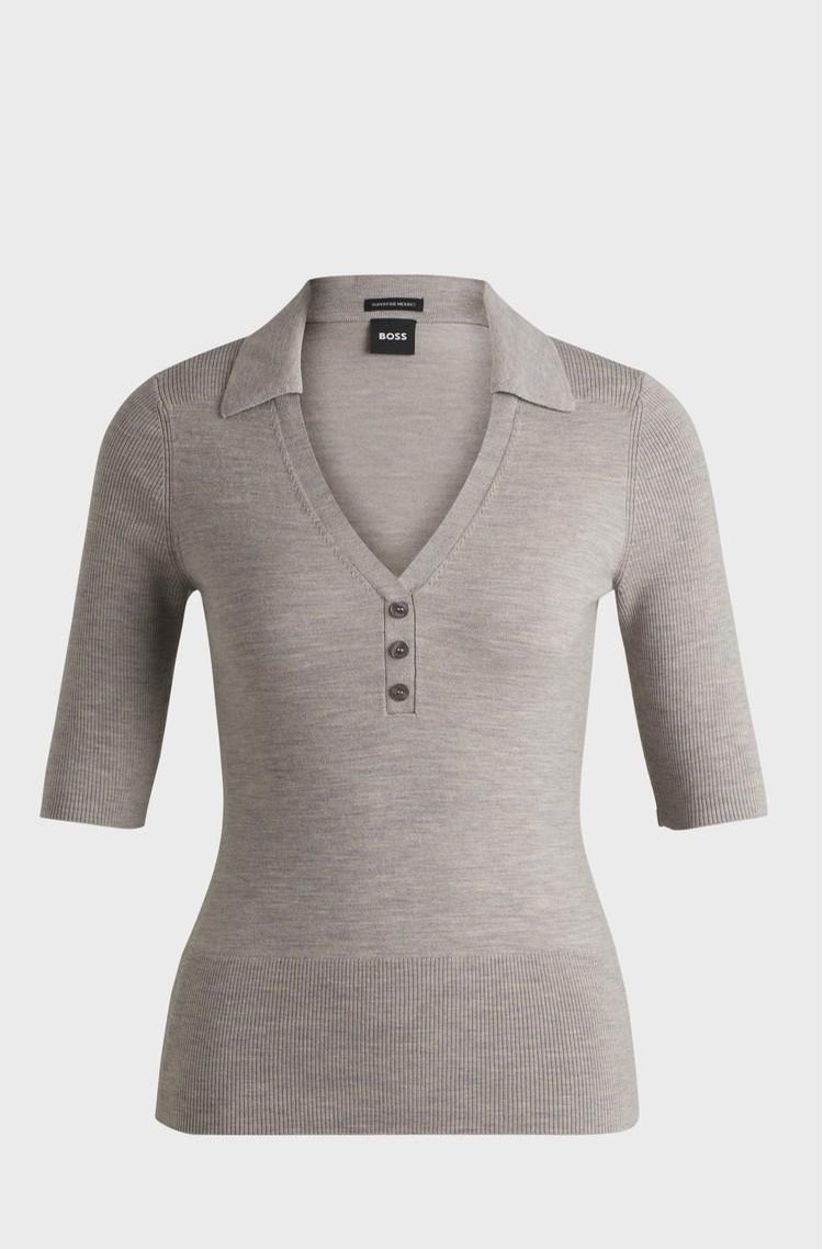 HUGO BOSS Short-sleeved knit polo in wool-blend Light Grey 