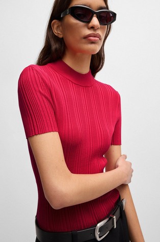 HUGO BOSS Mock-neck knit t-shirt with irregular ribbing Red 4