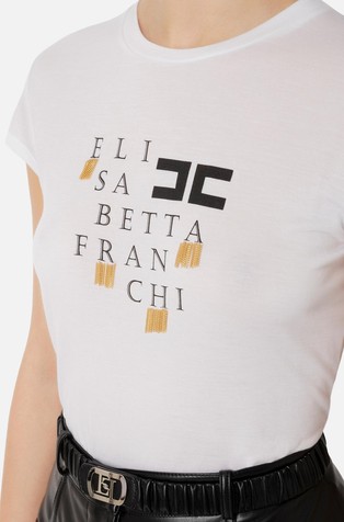 ELISABETTA FRANCHI Majica iz jerseya z logotipom in resicami Bela - Chalk 3