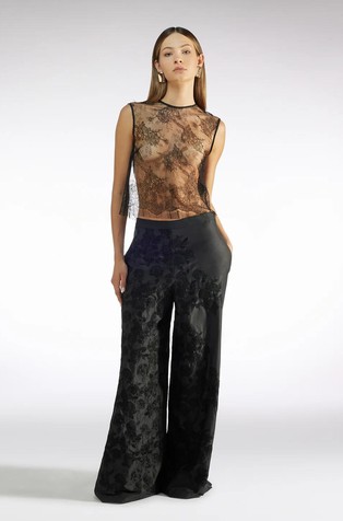 Cotton-blend trousers with floral embroideries