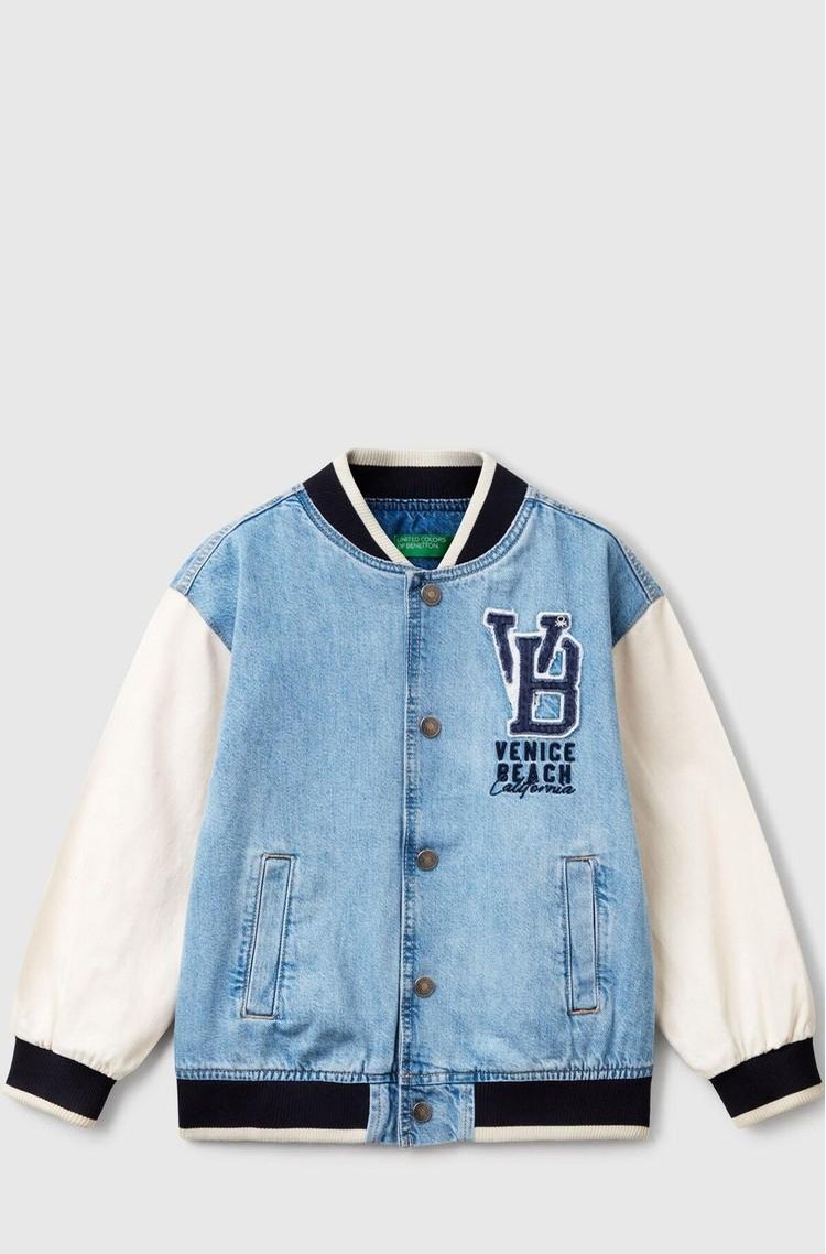 BENETTON Denim bomber jakna s kontrastnimi rokavi Modra - Light Blue 