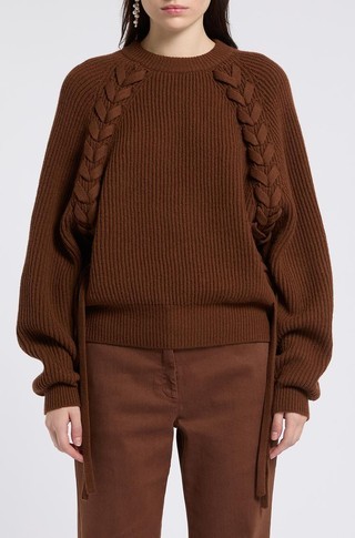 Monochrome ribbed wool jumper with interlaced ribbon