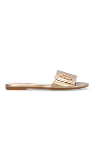 Metallic faux-leather slides