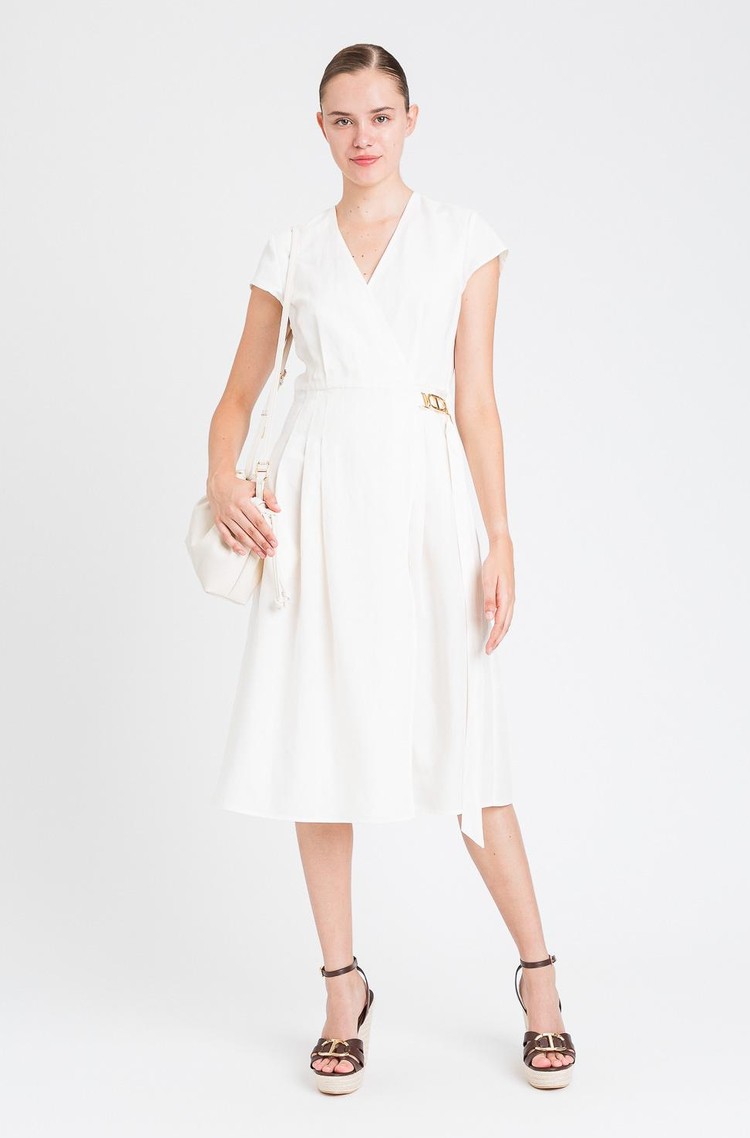 TWINSET Midi obleka iz mešanice liocela in lana Bela - Chalkiest White 