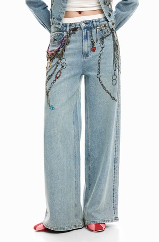 Ravne jeans hlače s potiskom in okraski