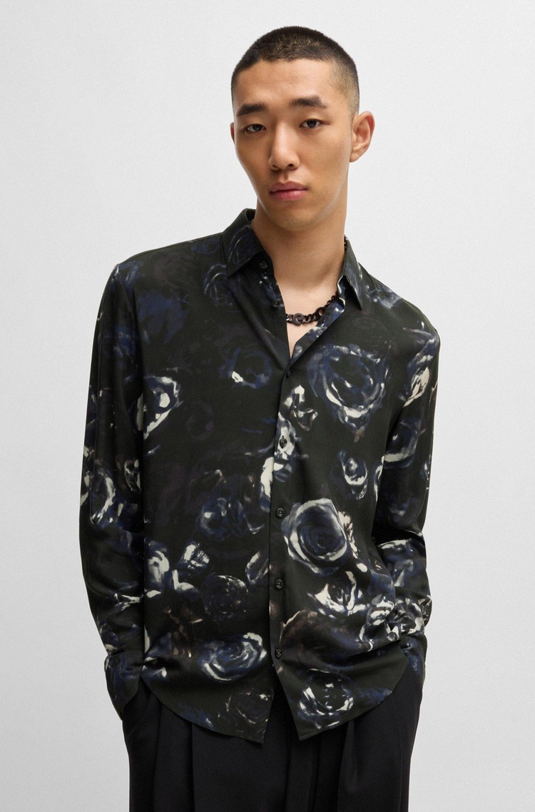 HUGO Slim-fit viscose shirt with seasonal print online at emporium.si