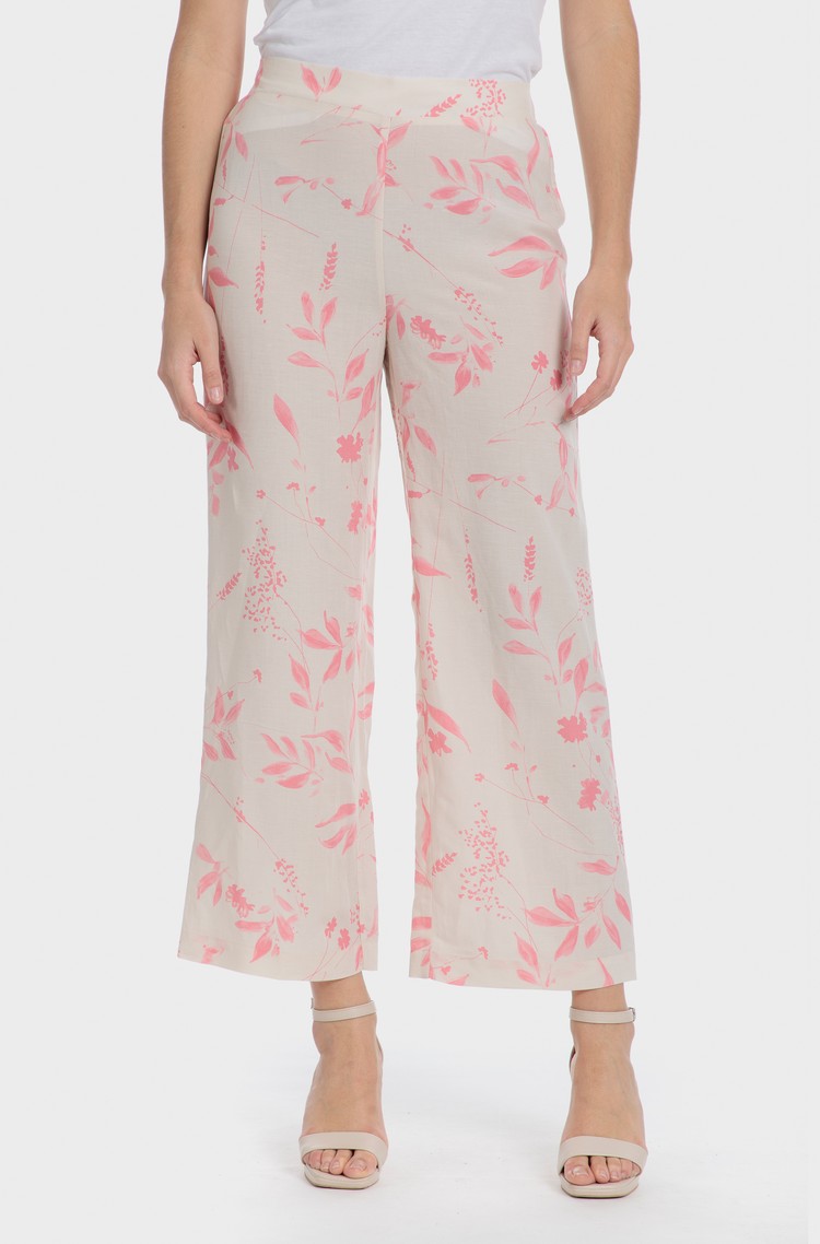 PUNT ROMA Viscose-linen trousers with floral pattern Beige / Pink 