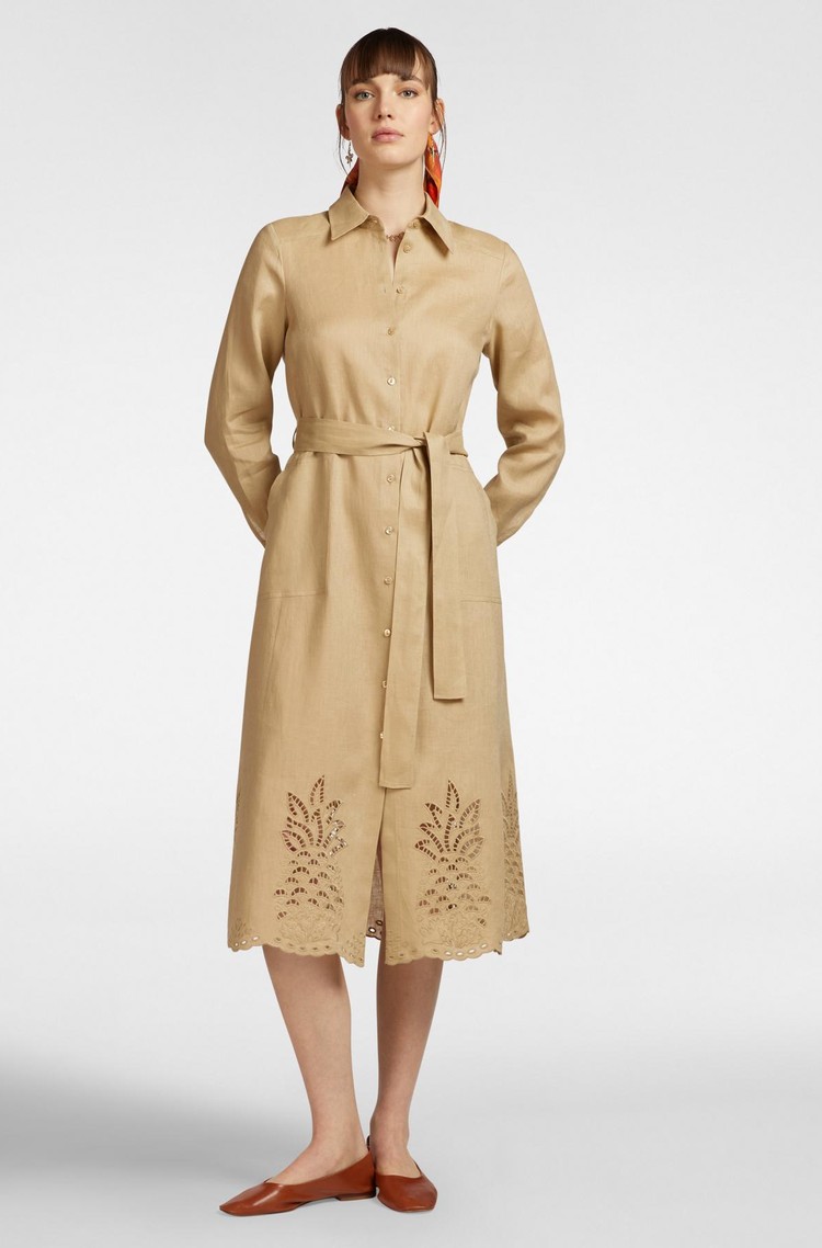 ELENA MIRO Linen shirt dress with perforated embroidery Sand 
