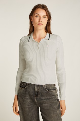 Slim fit pletena polo majica z dolgimi rokavi iz bombaža in volne