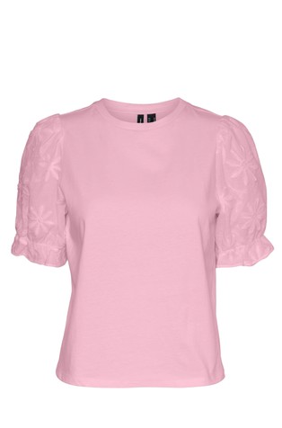 VERO MODA VMSENNA bombažna majica z napihnjenimi kratkimi rokavi Roza - Roseate Spoonbill 6