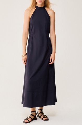 Dolga obleka iz bombažnega poplina z izrezom zadaj