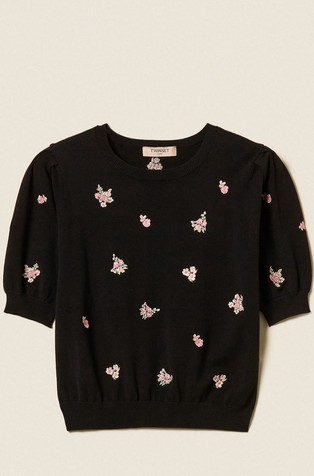 Viscose blend jumper with floral embroidery