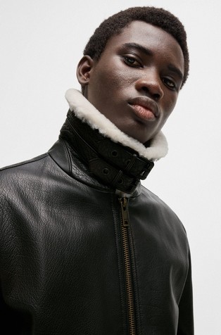 HUGO BOSS Aviator usnjena jakna z ovratnikom iz umetnega krzna Črna - Black 3