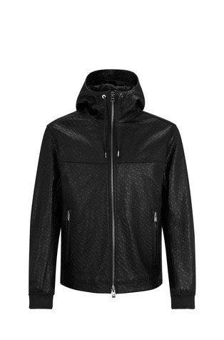 HUGO BOSS Relaxed fit usnjena jakna s kapuco in vzorcem monogramov Črna - Black 5