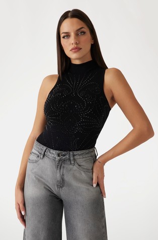 Sleeveless rhinestone sweater top