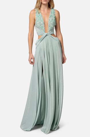 Pleated red carpet dress in lurex jersey with rhinestones