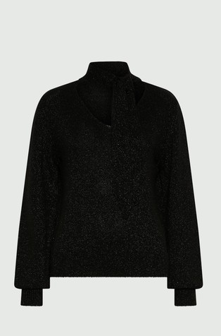 Pleten pulover z lureks vlakni in trakom za zavezovanje ob ovratniku