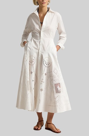 Bombažna srajčna obleka z luknjičastimi vezeninami