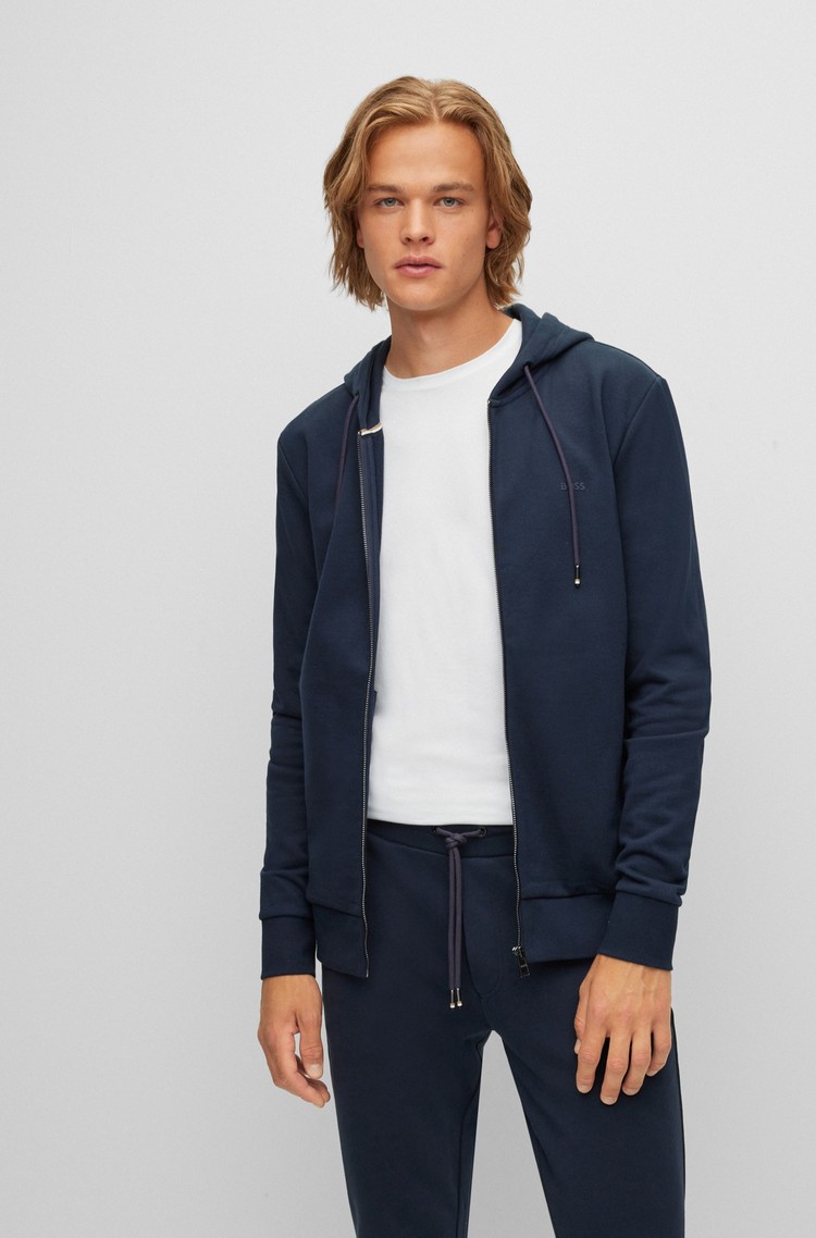 HUGO BOSS Bombažna jopa s kapuco in gumiranim logotipom Modra - Dark Blue 