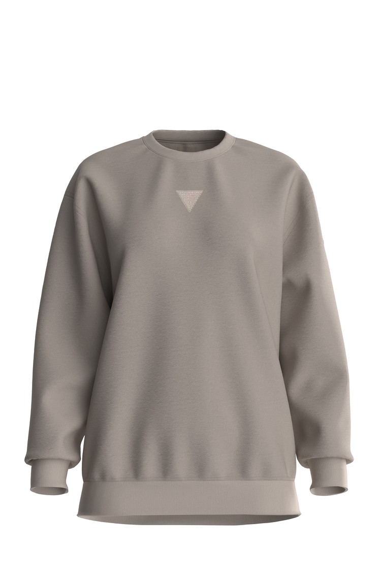 GUESS Bombažen pulover z logotipom iz okrasnih kamenčkov Bež - Beige 
