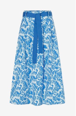 Patterned flared midi skirt with belt