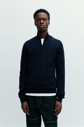Zip-neck sweater in virgin wool with logo embroidery
