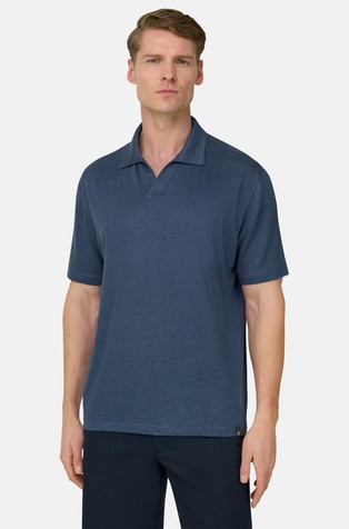 Short-sleeved polo shirt in stretch linen jersey