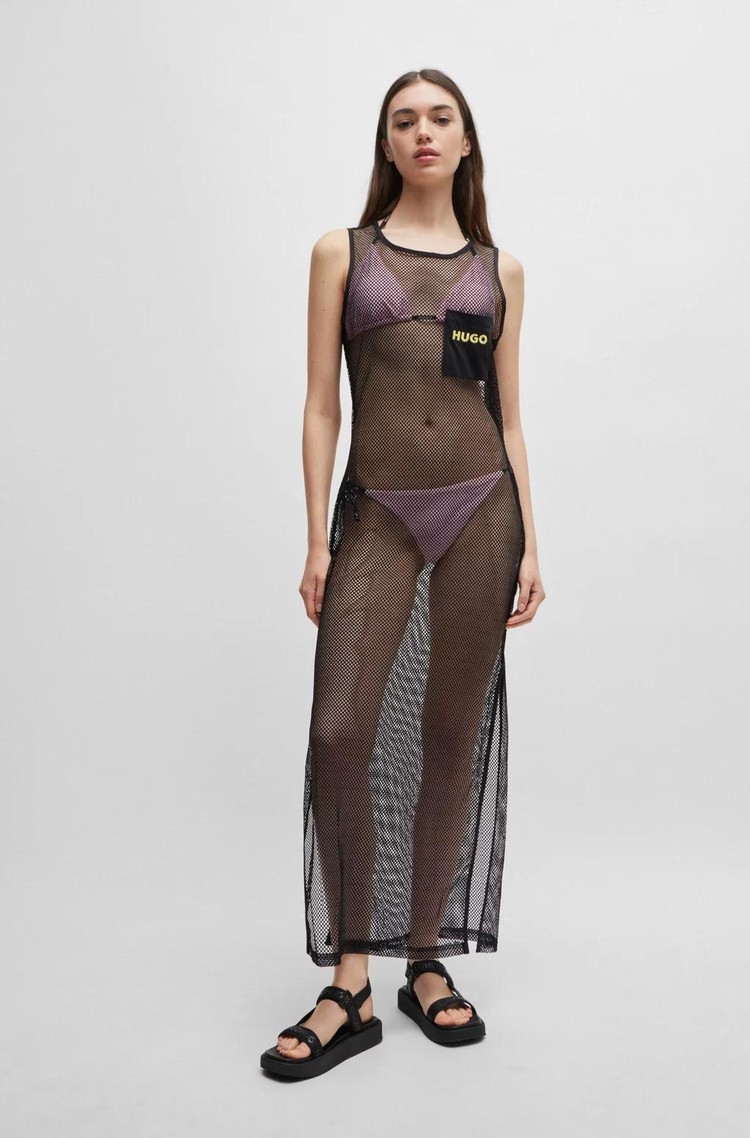 HUGO BOSS Sleeveless dress in net mesh with logo embroidery Black 