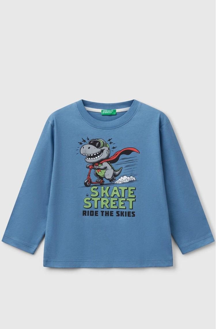 BENETTON Majica z dolgimi rokavi in potiskom zadaj Modra - Blue 