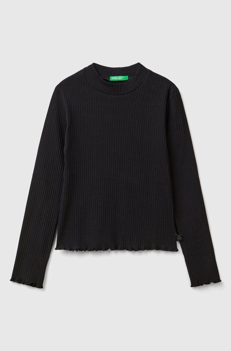 BENETTON Slim fit rebrasta bombažna majica z dolgimi rokavi Črna - Black 